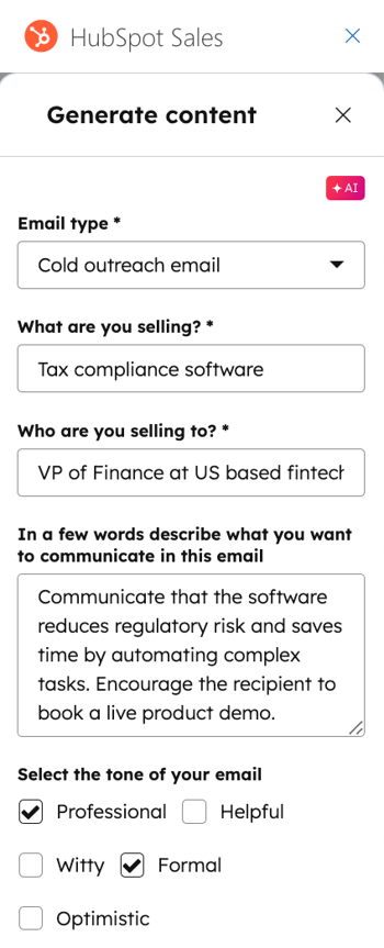 A screenshot of the HubSpot Sales Office 365 add-in, showing the "Generate content" form to create a sales email with AI.