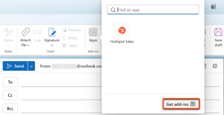 Screenshot of Outlook on the web, highlighting the path to select Apps, and then "Get add-ins".