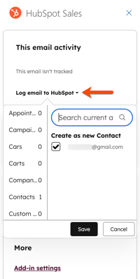 A screenshot of the HubSpot Sales Office 365 add-in task pane in Outlook, highlighting the "Log email to HubSpot" dropdown menu.