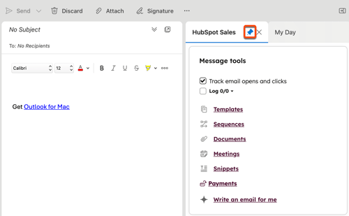 HubSpot Sales task pane in Outlook, showing the pin icon highlighted, used to pin the task pane open.