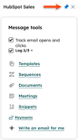HubSpot Sales task pane in Outlook, showing the pin icon highlighted, used to pin the task pane open.