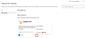 Screenshot of the Add-Ins for Outlook settings, highlighting the option to remove the HubSpot Sales add-in.