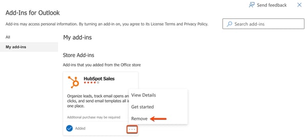 Screenshot of the Add-Ins for Outlook settings, highlighting the option to remove the HubSpot Sales add-in.