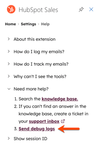 HubSpot Sales Office 365 add-in settings in Outlook, showing the “Need more help?” section expanded and highlighting the option to send debug logs.