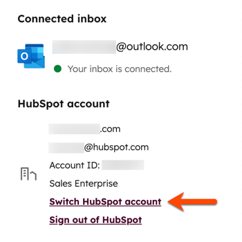 HubSpot Sales settings, highlighting the option to Switch HubSpot account, which allows you to update account the HubSpot Sales add-in is linked to.