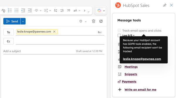 O HubSpot Sales Office 365 com rastreamento desativado devido às configurações de GDRP.