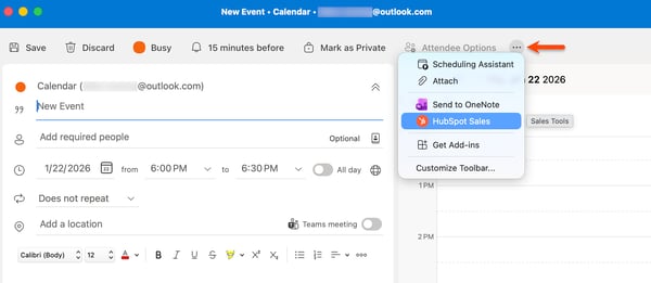 A new event in Outlook calendar, displaying the HubSpot Sales Office 365 add-in in the toolbar.