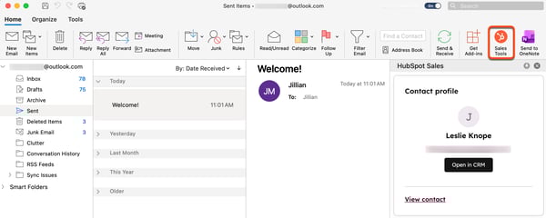 Outlook for Mac, highlighting how to access the HubSpot Sales Office 365 add-in from Outlook (classic).