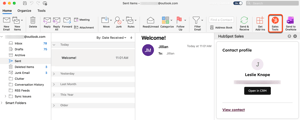 Outlook for Mac, highlighting how to access the HubSpot Sales Office 365 add-in from Outlook (classic).