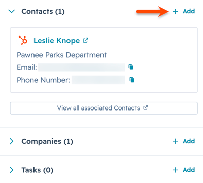 The HubSpot Sales Office 365 add-in, highlighting the option to add a contact to the selected deal.