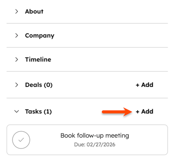 The HubSpot Sales Office 365 add-in contact panel, highlighting the option to add a task.