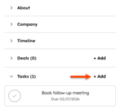 The HubSpot Sales Office 365 add-in contact panel, highlighting the option to add a task.