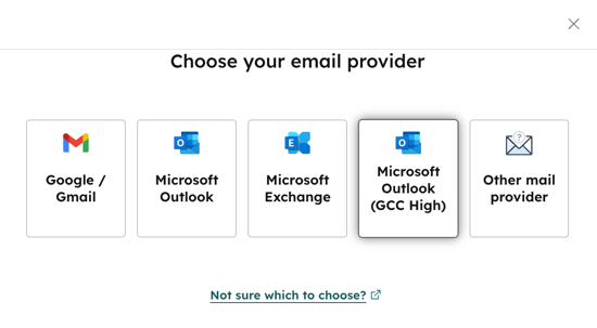 Choose your email provider screen with Microsoft Outlook (GCC High) option highlighted.