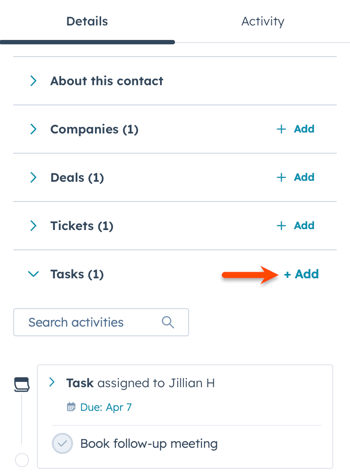 The HubSpot Sales Office 365 add-in contact panel, highlighting the option to add a task.
