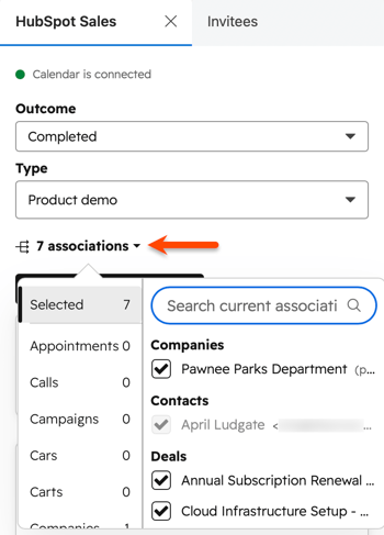 HubSpot Sales task pane in Outlook calendar, highlighting the associations dropdown menu to manage record associations.