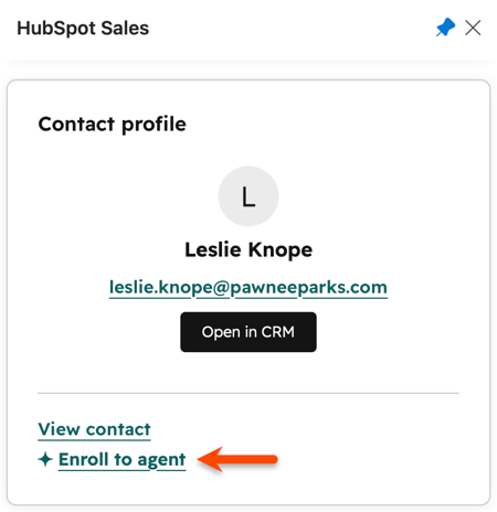 The HubSpot Sales Office 365 add-in, displaying a contact profile and highlighting the option to "Enroll to agent".
