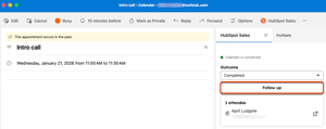 A event in Outlook calendar, highlighting the option to follow up on a meeting through the HubSpot Sales Office 365 add-in.