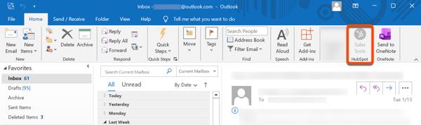 The HubSpot Sales Office 365 add-in seen from Outlook, displaying an example of a greyed out HubSpot Sales icon in the main ribbon.