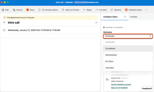 A event in Outlook calendar, highlighting the option to log the meeting outcome with the HubSpot Sales Office 365 add-in.