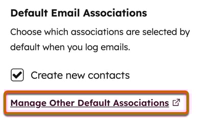 Log and track settings in the HubSpot Sales add-in, highlighting the option to Manage Other Default Associations.