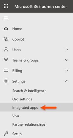 Microsoft 365 admin center sidebar with Settings expanded and Integrated apps selected.