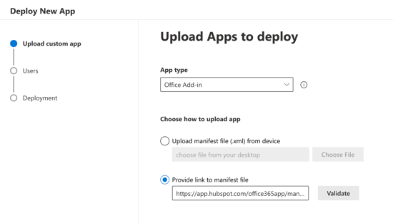 Deploy New App screen with Office Add-in selected and manifest file URL entered for validation.