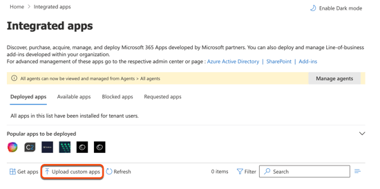 Integrated apps page with Deployed apps tab selected and Upload custom apps button highlighted.