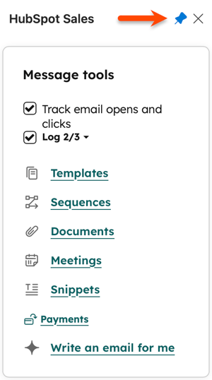 Panel de tareas de Extensión hubspot sales en Outlook, mostrando el icono de anclaje resaltado, utilizado para anclar el panel de tareas abierto.