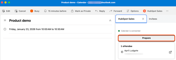 A event in Outlook calendar, highlighting the option to prepare for an upcoming meeting through the HubSpot Sales Office 365 add-in.