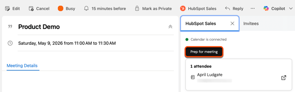 A event in Outlook calendar, highlighting the option to prepare for an upcoming meeting through the HubSpot Sales Office 365 add-in.