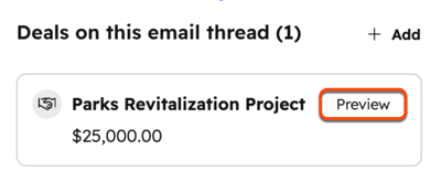 A contact profile in the HubSpot Sales Office 365 add-in, highlighting the option to preview a deal on the email thread.