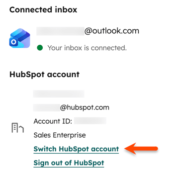 Configuración de HubSpot Sales, destacando la opción Cambiar cuenta de HubSpot, que permite actualizar la cuenta a la que está vinculado el complemento HubSpot Sales.