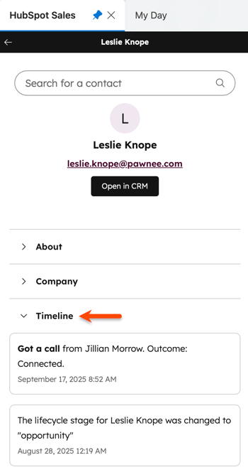 The HubSpot Sales Office 365 contact profile, displaying the contact's timeline expanded and displaying recent sales activities.