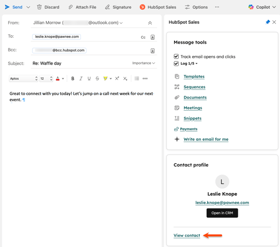 An Outlook inbox, displaying the HubSpot Sales Office 365 task pane on the right, and highlighting the option to view contact.