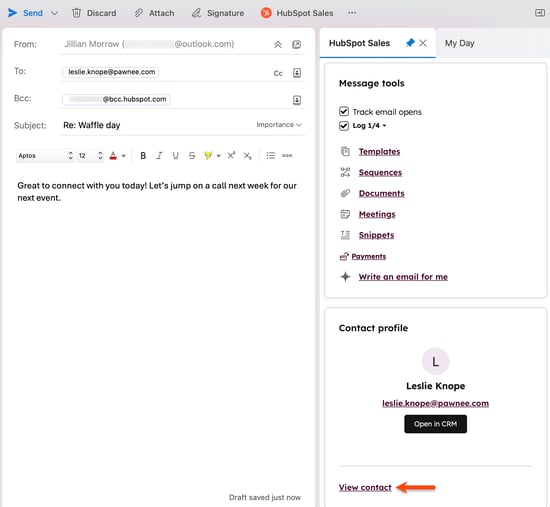 An Outlook inbox, displaying the HubSpot Sales Office 365 task pane on the right, and highlighting the option to view contact.