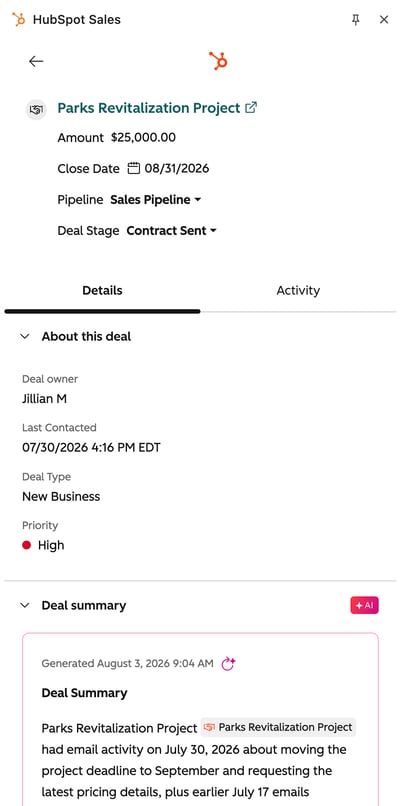 A deal record displayed from the HubSpot Sales Office 365 add-in.