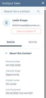 The contact profile details, as seen from the HubSpot Sales Outlook desktop add-in in Outlook.