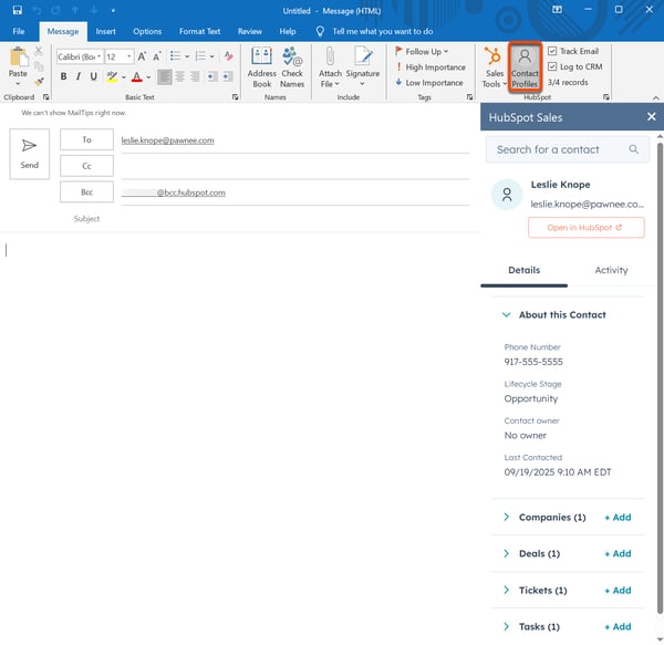 L’outil de rédaction d’e-mails de Outlook, qui met en évidence les profils des contacts à l’aide du complément Sales Hub pour Outlook.