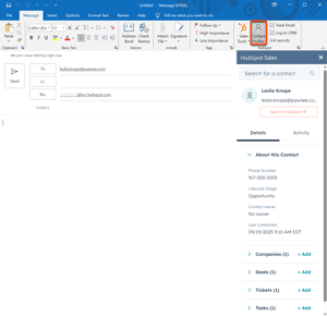 The Outlook email composer, highlighting Contact profiles using the HubSpot Sales Outlook desktop add-in.