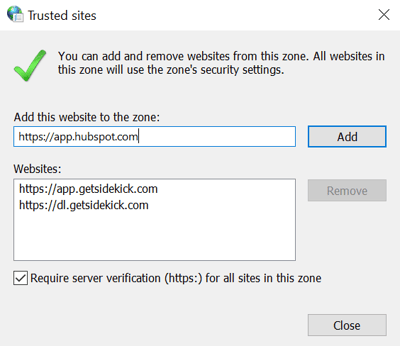 Internet Options Trusted sites dialog listing HubSpot and Sidekick URLs.