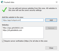 Internet Options Trusted sites dialog listing HubSpot and Sidekick URLs.