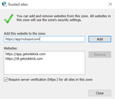 Internet Options Trusted sites dialog listing HubSpot and Sidekick URLs.