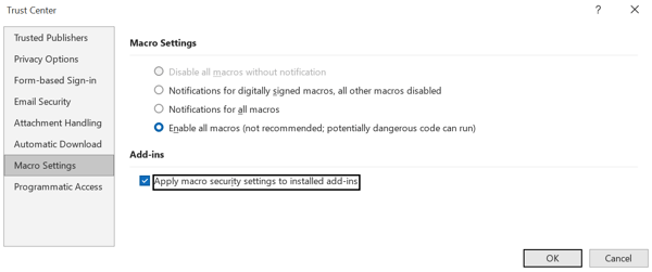 Trust Center Macro Settings page showing Enable all macros selected and the Apply macro security settings to installed add-ins option checked.