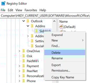 Windows Registry Editor displaying the path to the Sidekick add-in under Outlook Addins, with a right-click menu highlighting Delete.