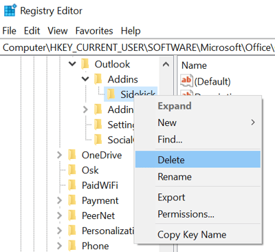 Windows Registry Editor displaying the path to the Sidekick add-in under Outlook Addins, with a right-click menu highlighting Delete.