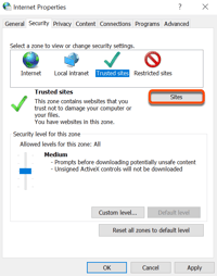 Internet Properties window with the Trusted sites tab selected and the Sites button highlighted.