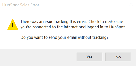 Erreur de l’extension HubSpot Sales pour Outlook indiquant « Un problème est survenu lors du suivi de cet e-mail ».