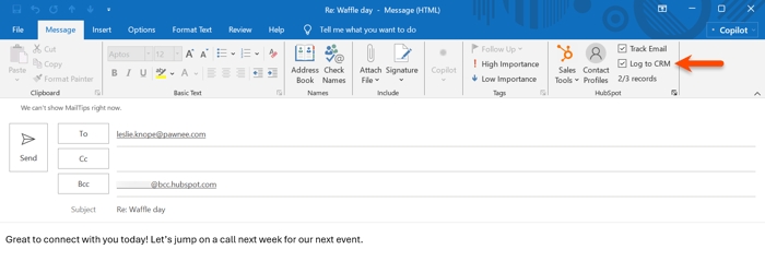 Outlook compose window, highlighting the option to log an email to the CRM using the HubSpot Sales Outlook desktop add-in.