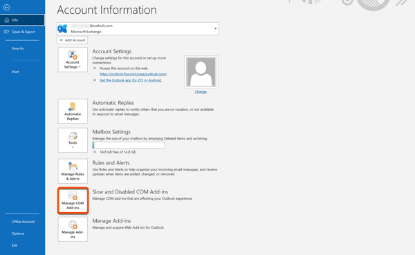 Outlook Account Information screen with the Manage COM Add-ins option highlighted under the Slow and Disabled COM Add-ins section.