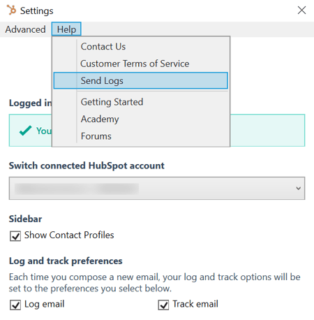Les paramètres du complément HubSpot Sales pour Outlook, qui permettent d’envoyer des journaux de débogage.